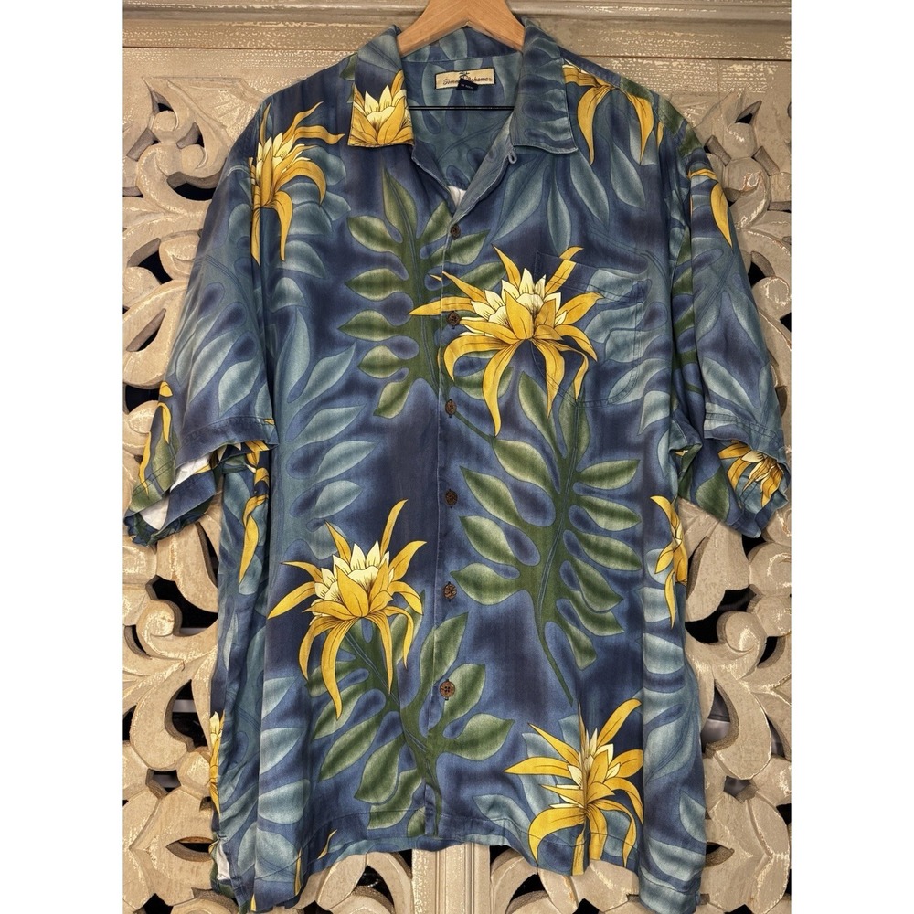 Tommy Bahama 100% Silk Hawaiian Camp Shirt Men's XXL Blue Yellow Floral Tropical